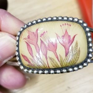 Vintage Art Deco Sterling Silver Hand Carved Bone Cuff Flower Bracelet 925